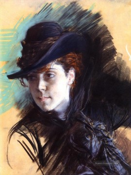 Mädchen in einem schwarzen Hut genre Giovanni Boldini Ölgemälde